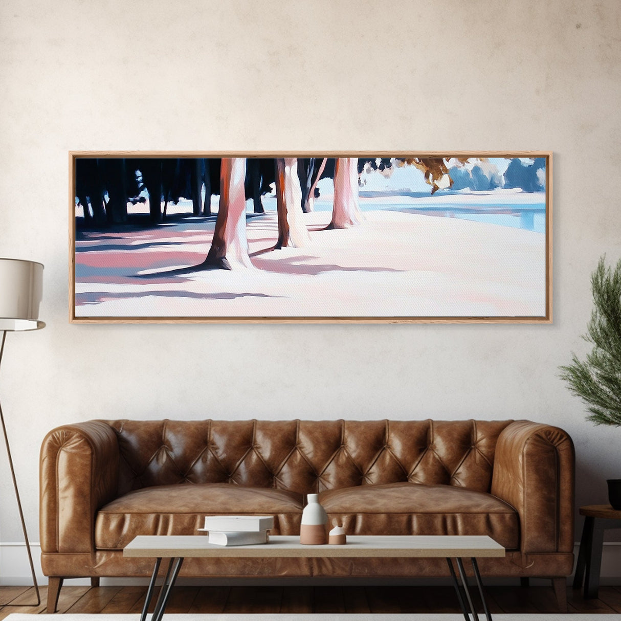 Beach Trees, Sunset Glow, Seaside Landscape, Coastal Art, Pastel Aesthetic, Framed Canvas Print, Living Room Art, Serene Escape
