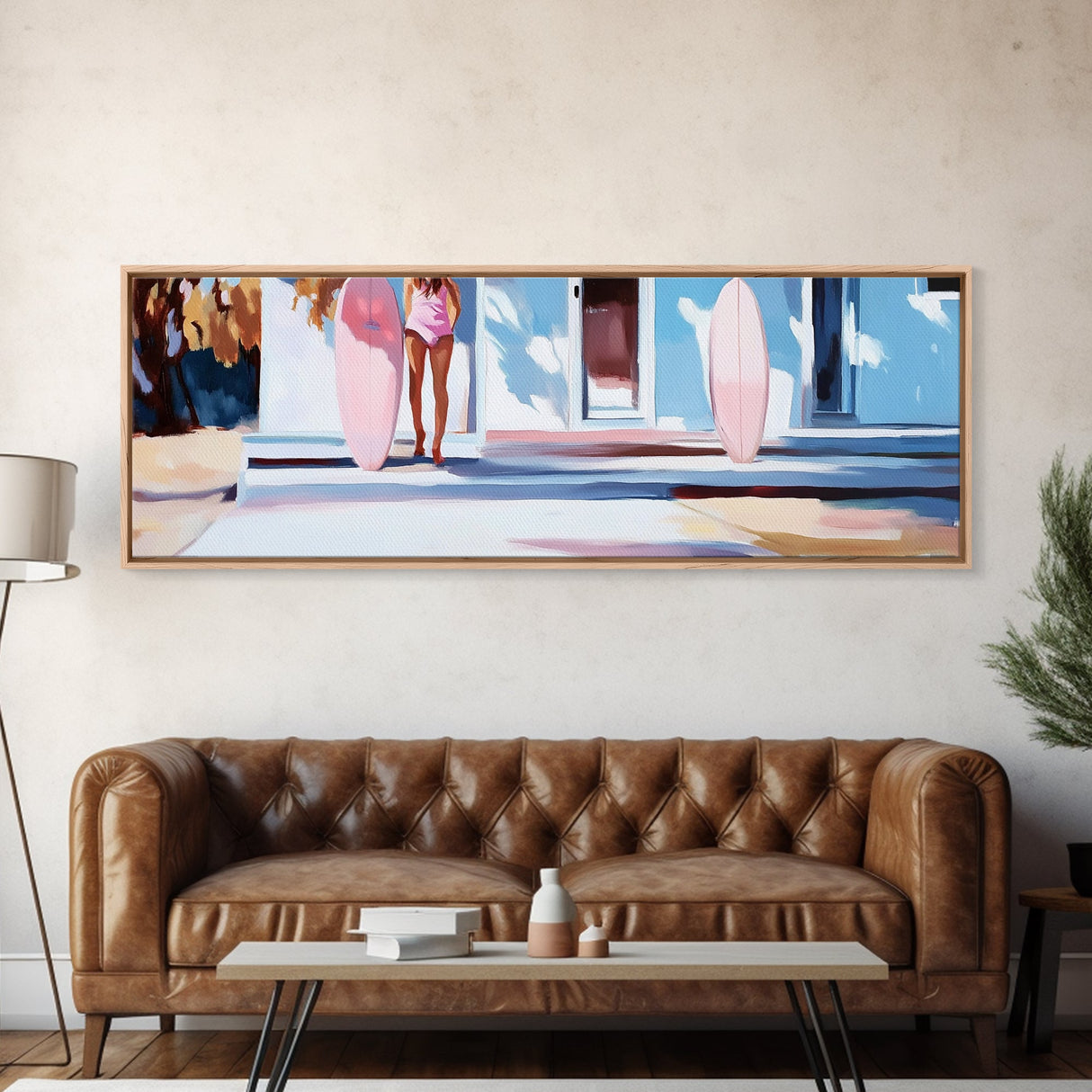 Surfer Girl, Pink Surfboard, Coastal Lifestyle, Beach House, Framed Canvas Print, Tropical Wall Art, Boho Home Decor, Gift Idea