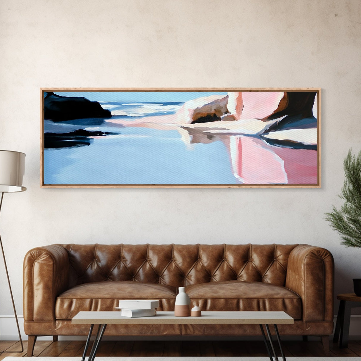 Reflected Ocean Scene, Coastal Landscape Print, Tranquil Beach Art, Blue Pastel Painting, Large Canvas Print, Living Room Wall Decor