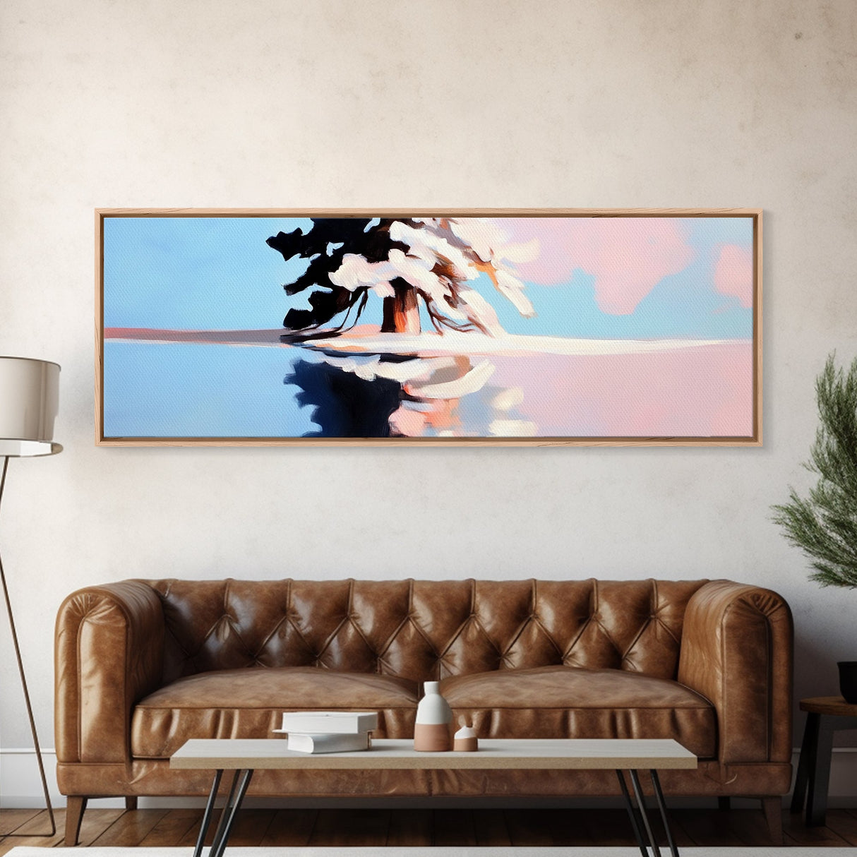 Winter Tree Reflection, Snowy Landscape Print, Serene Nature Art, Pastel Painting, Large Canvas Print, Minimalist Home Decor, Office Art