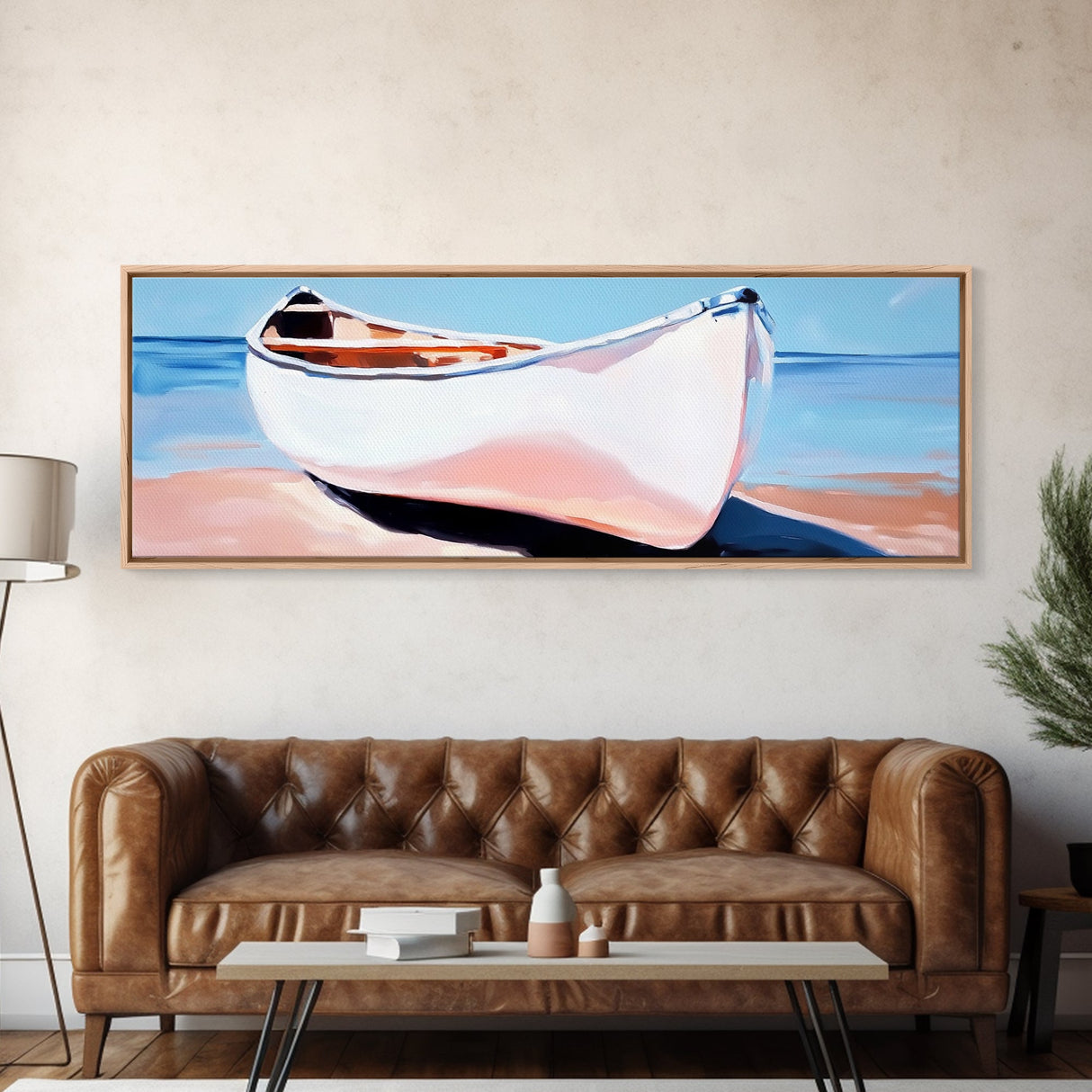 White Canoe, Coastal Wall Art, Seaside Aesthetic, Framed Canvas Print, Minimalist Boat Painting, Nautical Beach House Art, Ocean Decor