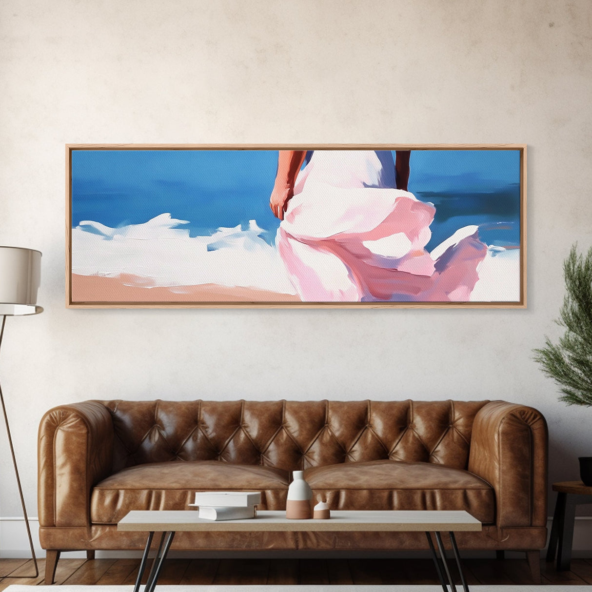 Ocean Breeze, Woman on Beach, Coastal Aesthetic, Framed Canvas Print, Minimalist Art, Boho Wall Decor, Bedroom Wall Artwork