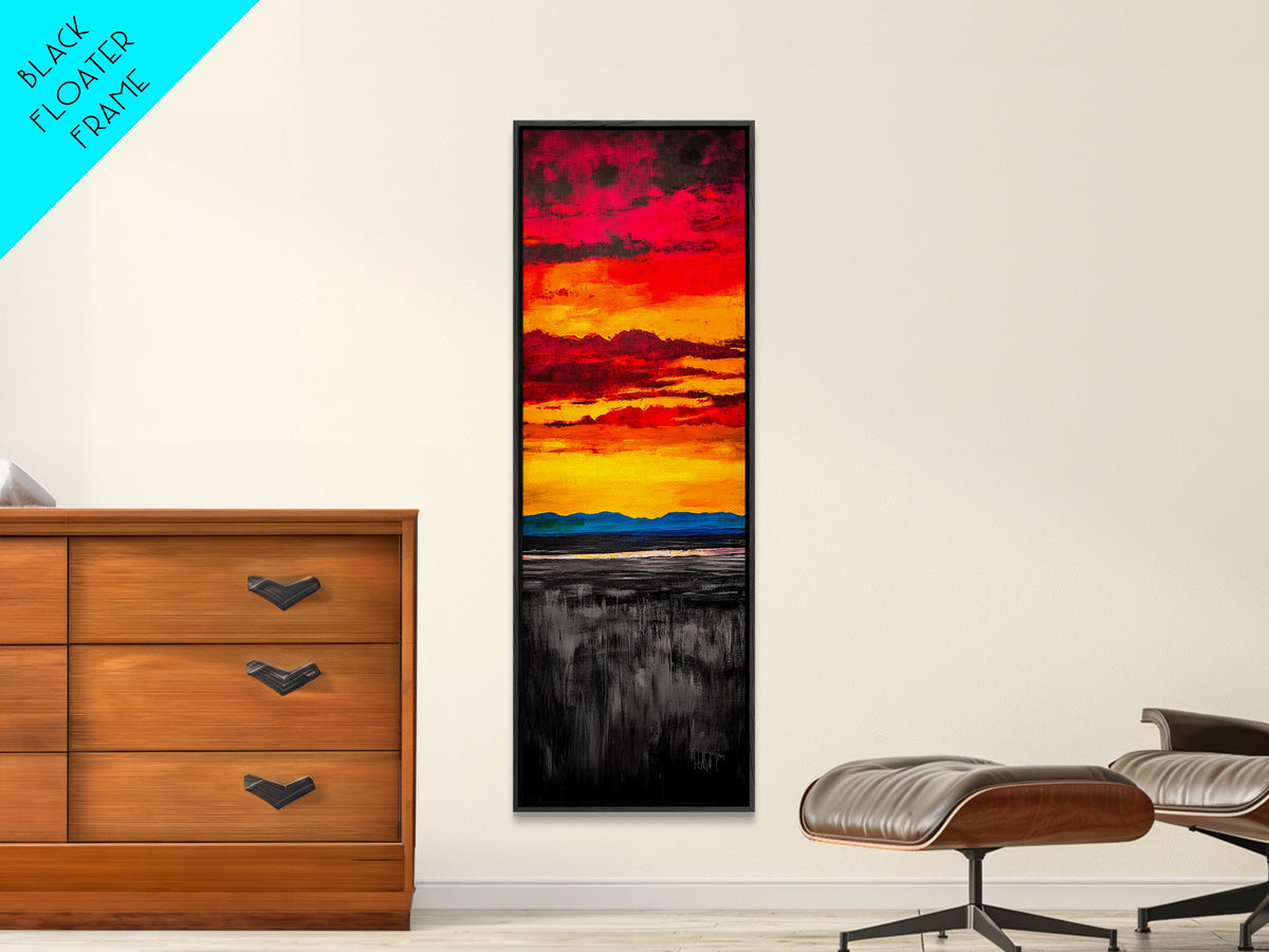 Fiery Sunset Painting, Dramatic Red Orange Sky, Bold Abstract Landscape, Framed Canvas Print, Modern Wall Decor, Living Room Art