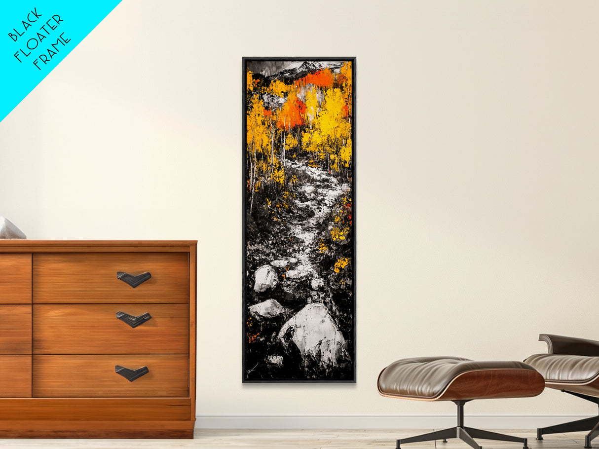 Autumn Forest, Golden Trees, River Path, Framed Canvas Print, Fall Landscape Art, Rustic Wall Decor, Cabin Art, Living Room Wall Art