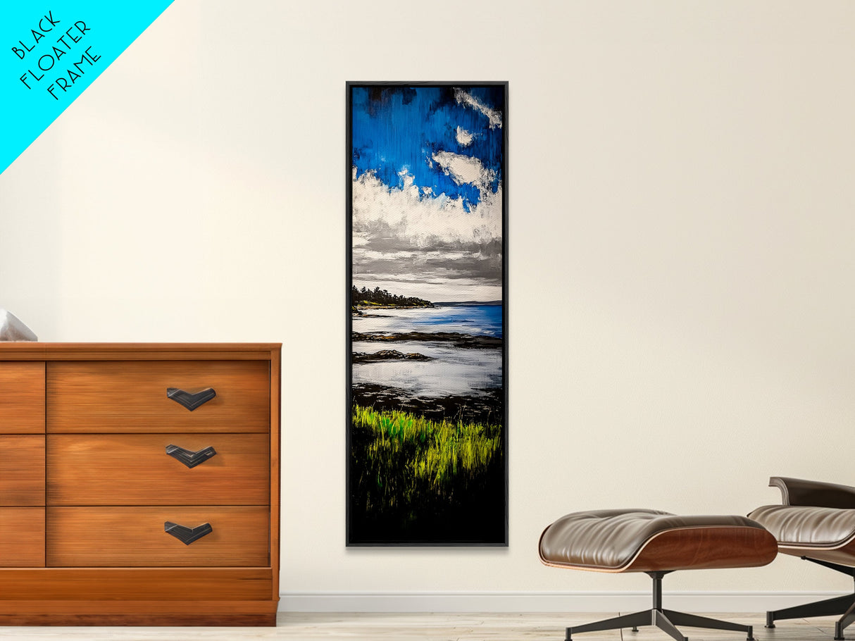 Tranquil Shore, Vibrant Blue Water, Serene Ocean View, Modern Coastal Decor, Beach House Aesthetic, Framed Canvas Print