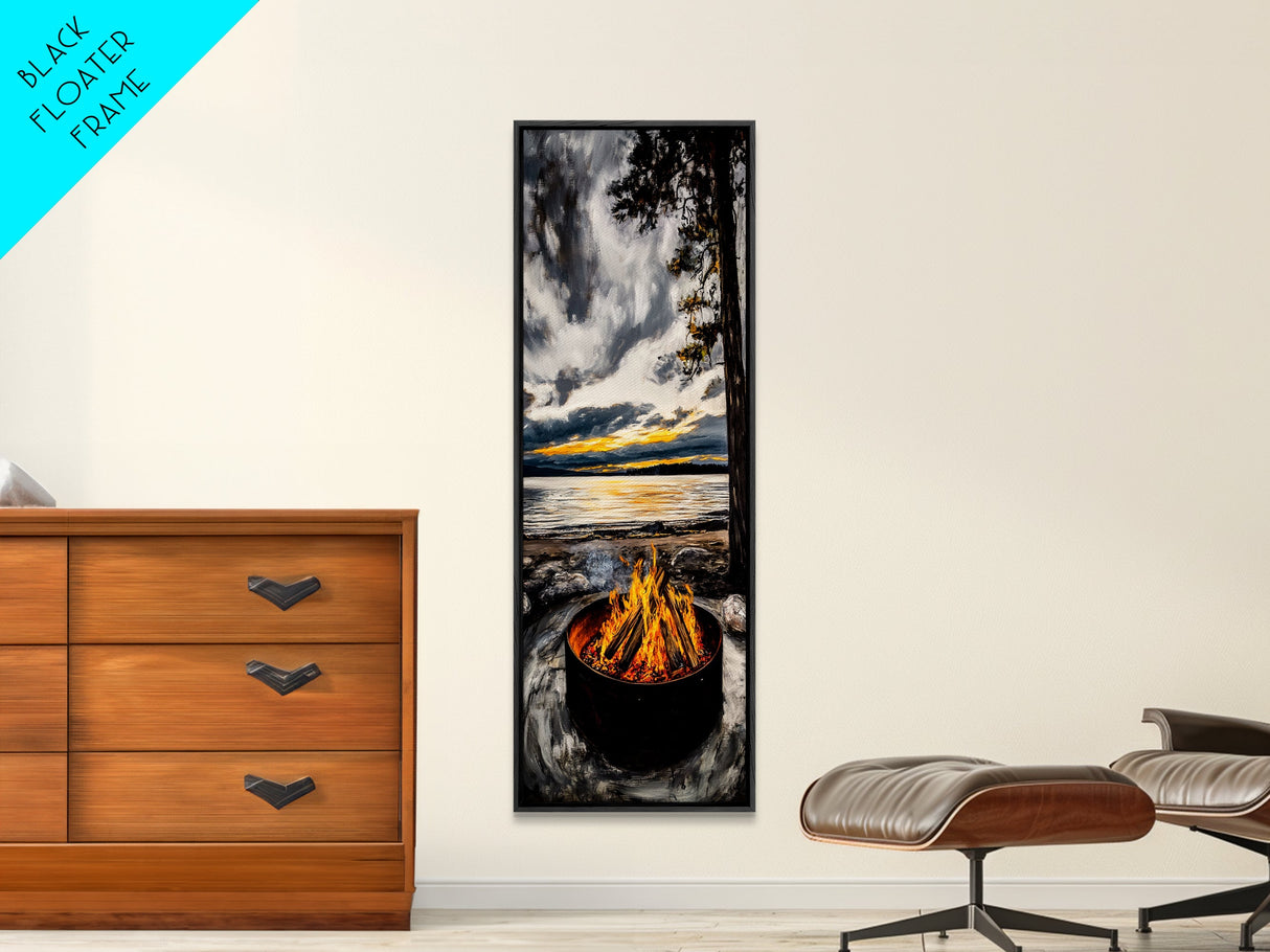 Sunset Fire Pit, Cozy Camping Decor, Lakeside Bonfire, Outdoor Wall Art, Framed Canvas Print, Rustic Lodge Art, Warm Tones, Cabin Decor