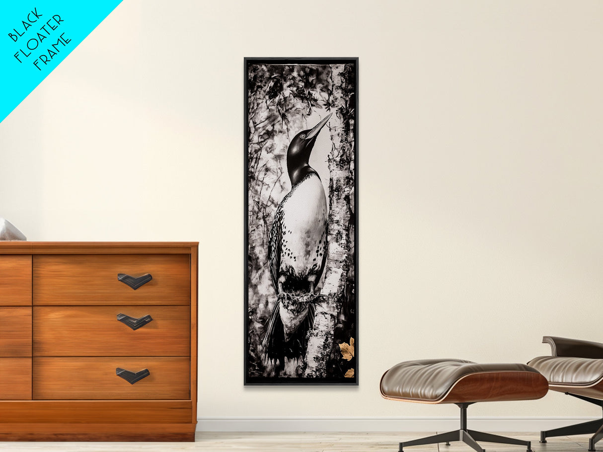 Loon and Birch, Woodland Wildlife Art, Black and White Bird Print, Canvas Print, Rustic Cabin Decor, Nature Inspired Wall Art