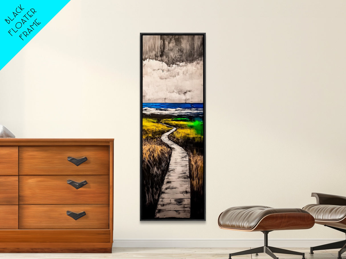 Boardwalk, Beach Path Art, Coastal Living Room Decor, Ocean Horizon Print, Tranquil Landscape, Relaxing Home Aesthetic, Framed Canvas Print