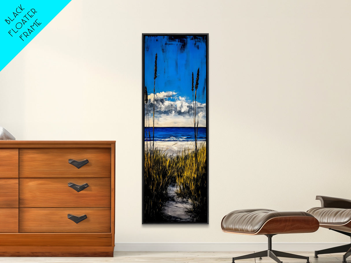 Coastal Dunes, Ocean View, Blue Sky, Framed Canvas Print, Beach Wall Art, Nautical Decor, Living Room Wall Art, Seaside Home Decor