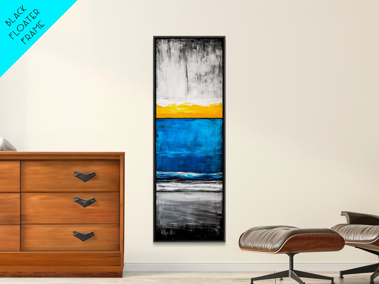 Sunset, Ocean, Waves, Framed Canvas Print, Coastal Wall Art, Modern Beach Decor, Blue and Yellow Abstract, Large Statement Art