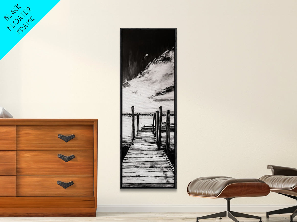 Wooden Dock, Black and White Lake Art, Rustic Cabin Wall Decor, Peaceful Waterfront Scene, Minimalist Landscape, Canvas Print