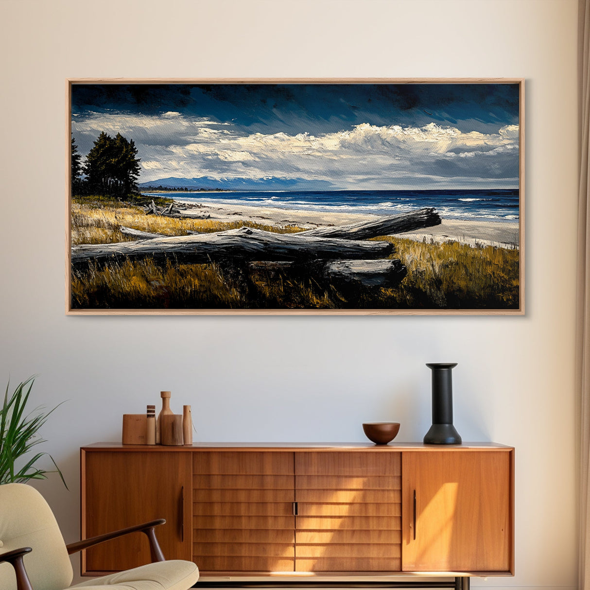 Seaside View, Dramatic Sky, Coastal Landscape, Nature Painting, Deep Blue Tones, Framed Canvas Print, Beach House Decor, Living Room Art