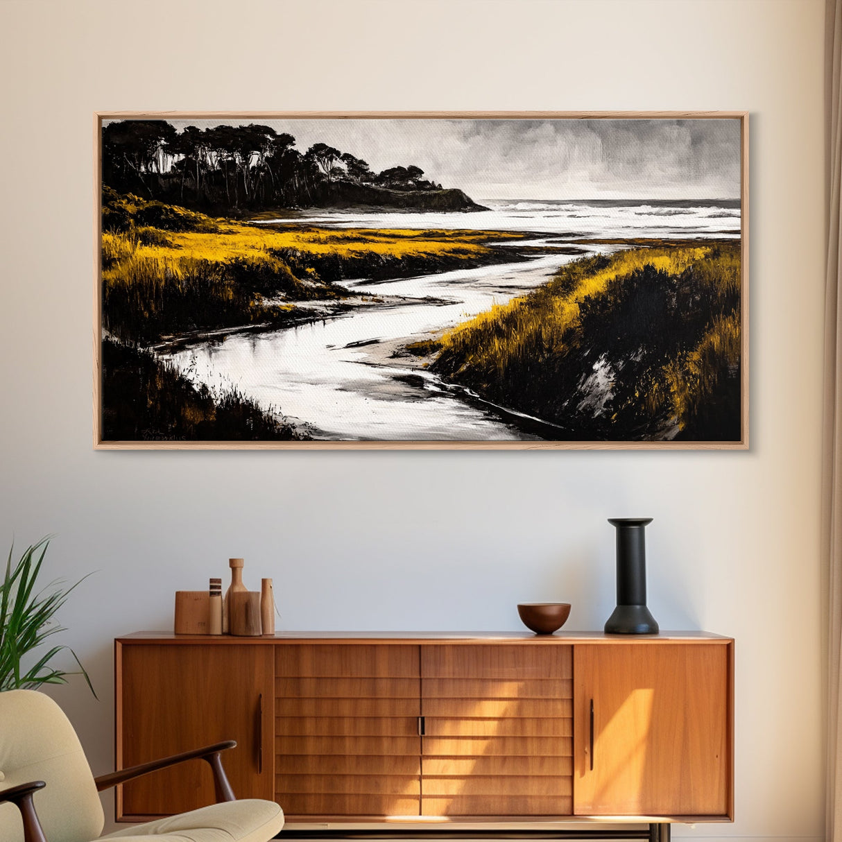 Golden Marsh, Ocean Landscape, Black and White Contrast, Nature Inspired, Minimalist Art, Framed Canvas Print, Bedroom Wall Decor