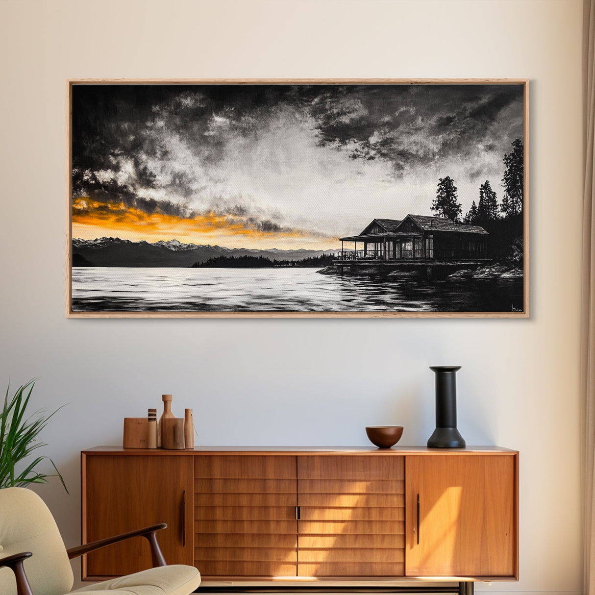 Sunset Cabin, Lake House Art, Mountain Retreat, Framed Canvas Print, Rustic Home Decor, Nature Wall Art, Bedroom Wall Art