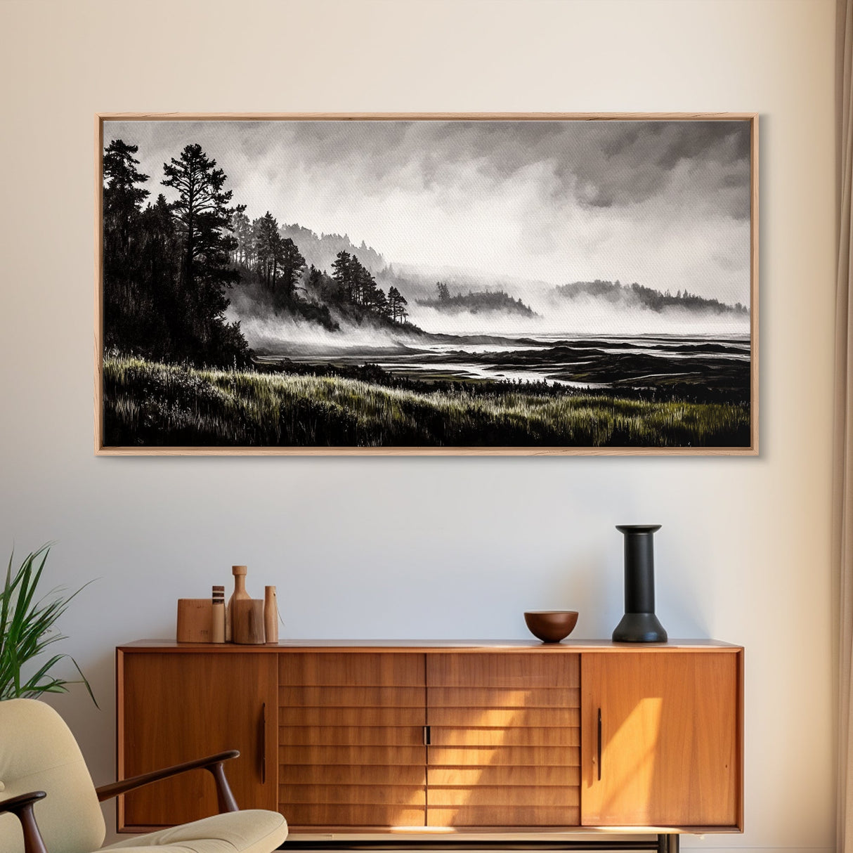Foggy Hills, Woodland Landscape, Monochrome Art, Canvas Print, Rustic Nature Decor, Peaceful Wall Art, Mountain Art