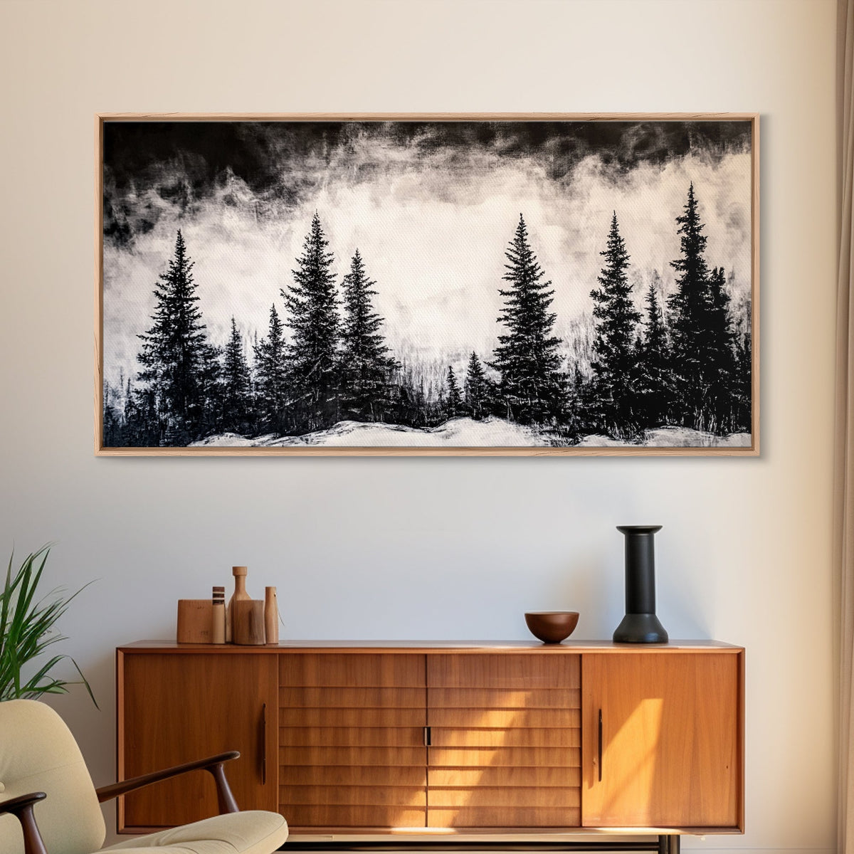 Pine Trees, Fog, Winter, Black and White, Framed Canvas Print, Mountain Art, Rustic Cabin Decor, Christmas Gift, Minimalist Home Wall Art