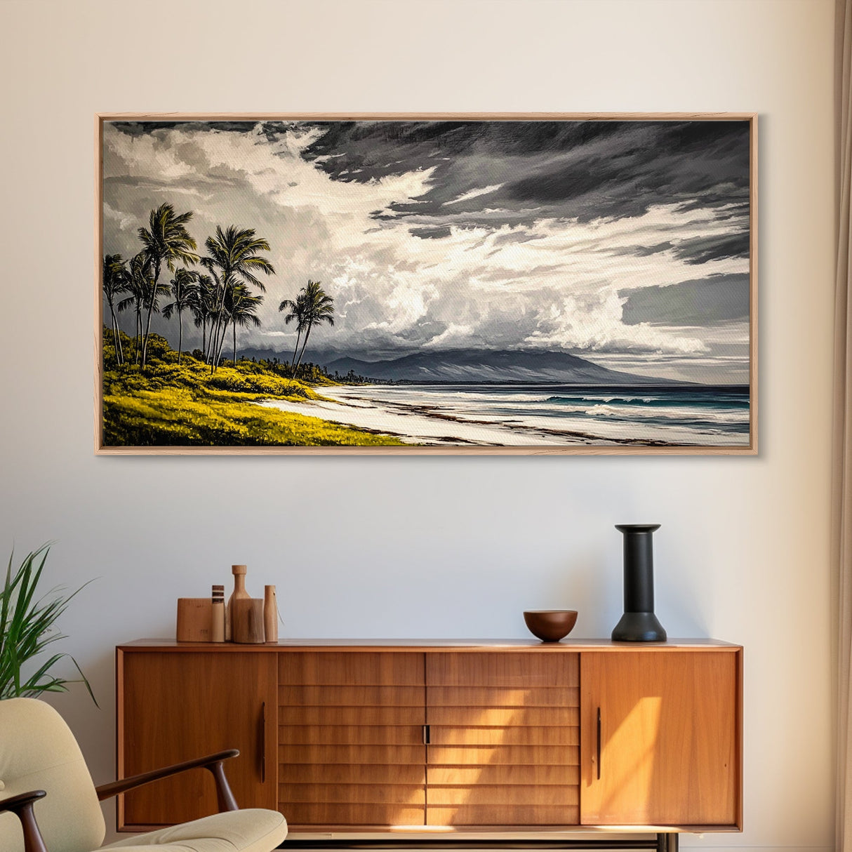 Tropical Beach Painting, Palm Trees Wall Art, Vibrant Coastal Canvas Print, Ocean Inspired Artwork, Living Room Decor, Framed Canvas Print