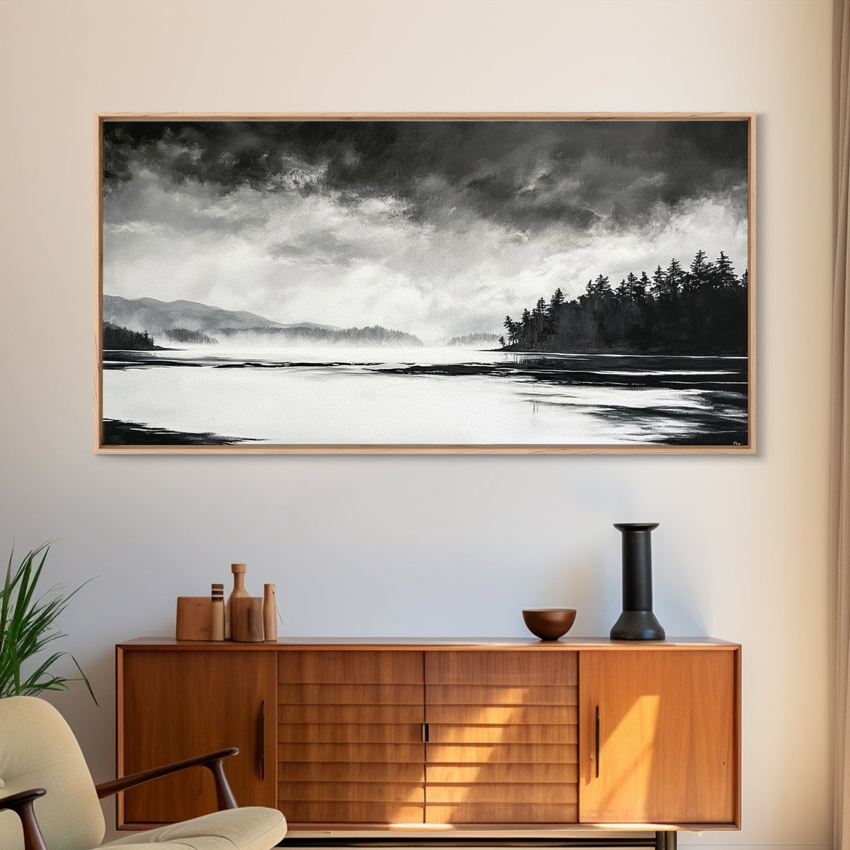 Monochrome Landscape Art, Misty Lake Canvas Print, Nature Wall Decor, Black and White Painting, Living Room Artwork, Framed Canvas Print