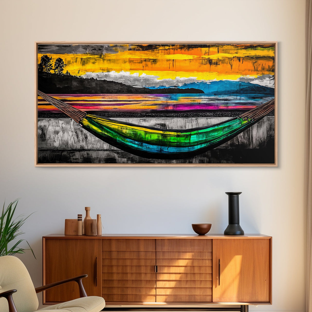 Hammock Sunset Relaxation Art, Framed Canvas Print, Colorful Beach Wall Art, Tropical Home Decor, Vibrant Living Room Art, Boho Art