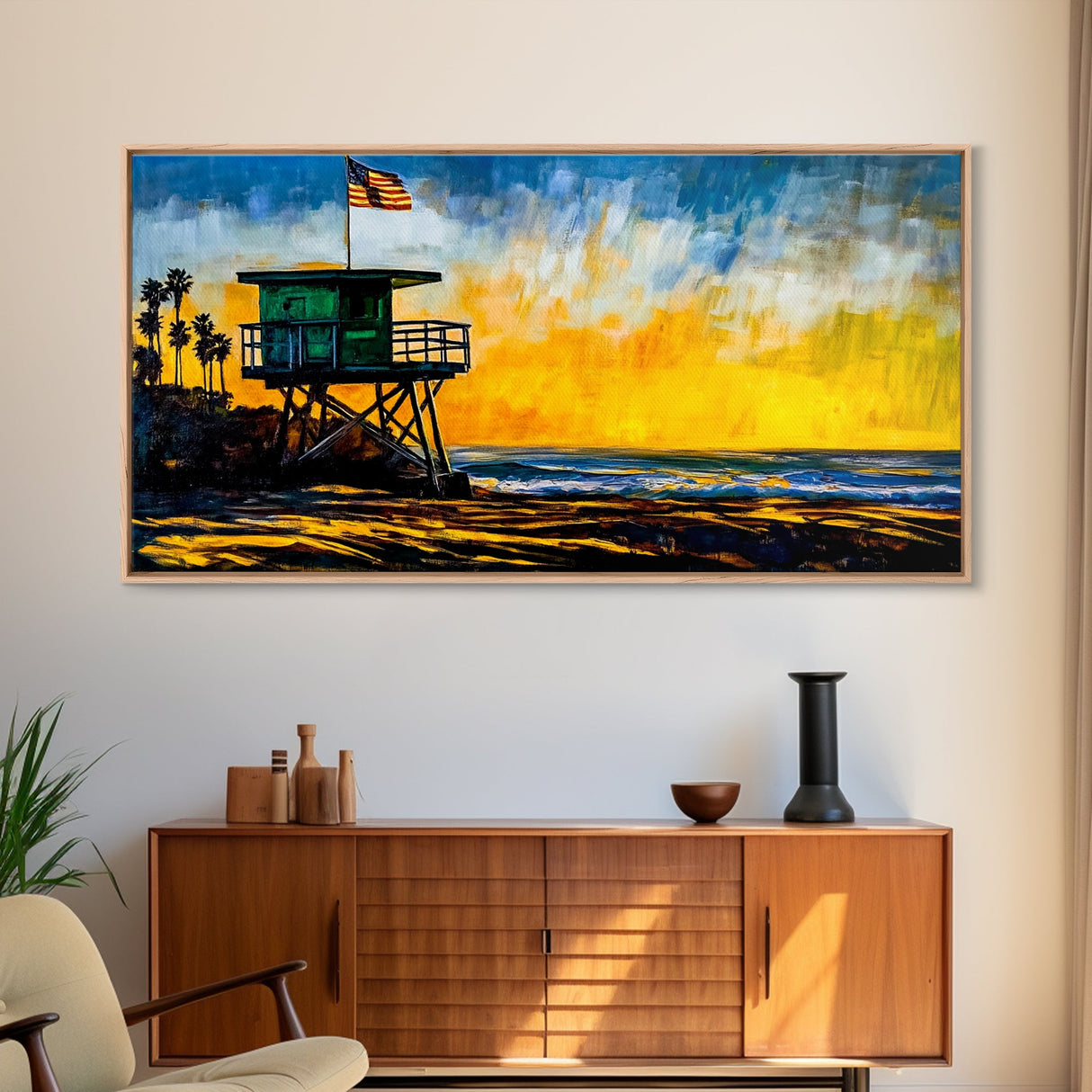 Lifeguard Tower, Sunset, Coast, Framed Canvas Print, California Beach Wall Art, Surf Decor, Vibrant Seaside Art, Coastal Home Decor