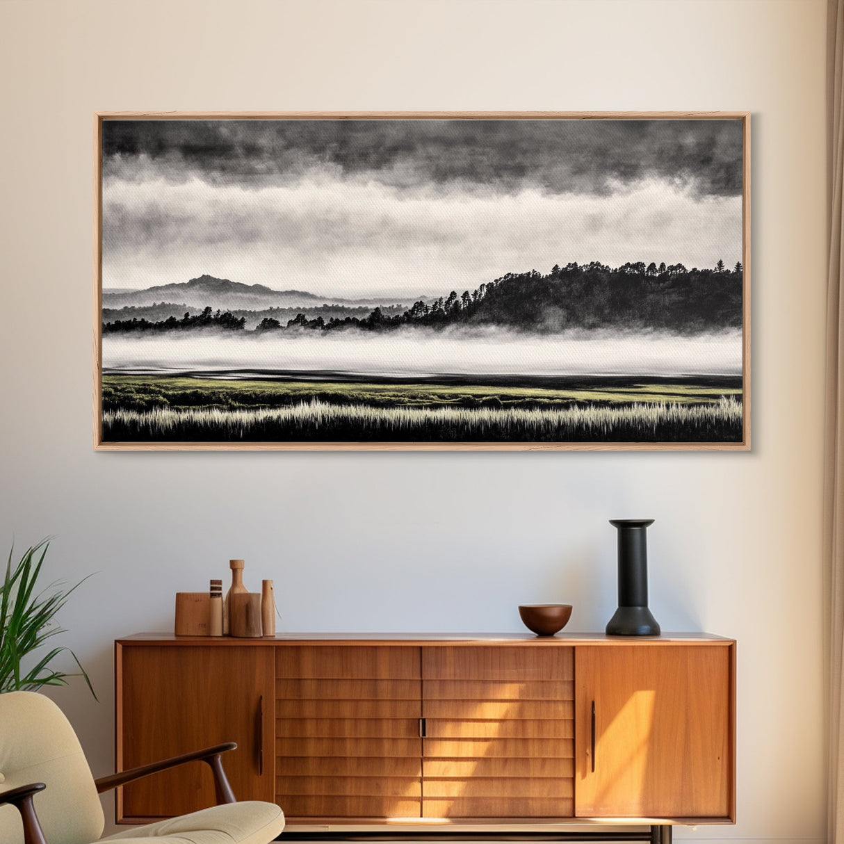Misty Mountains, Black and White Art, Foggy Landscape, Canvas Print, Nature Wall Art, Minimalist Artwork, Bedroom Wall Decor