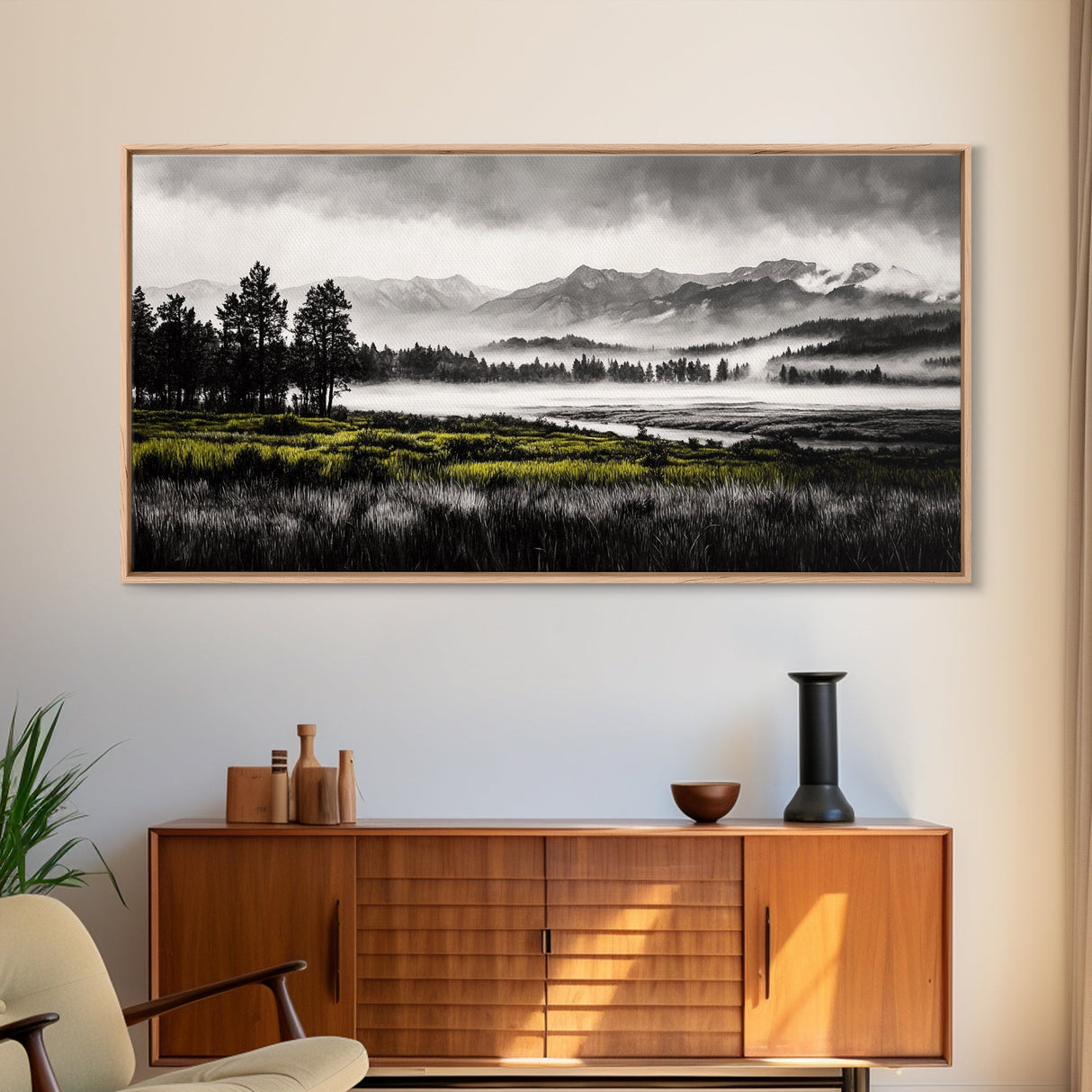 Foggy Forest, Mountain Landscape, Monochrome Wall Art, Framed Canvas Print, Modern Home Decor, Living Room Artwork, Nature Print