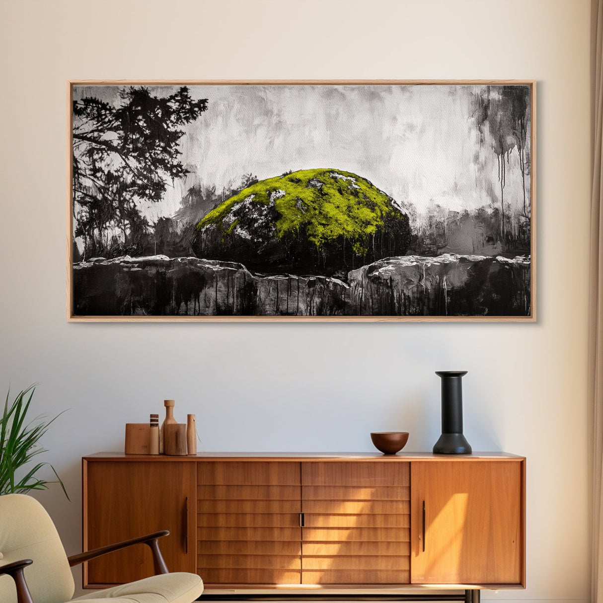 Mossy Rock, Abstract Nature, Green and Black Art, Canvas Print, Rustic Wall Decor, Boho Artwork, Modern Farmhouse Decor