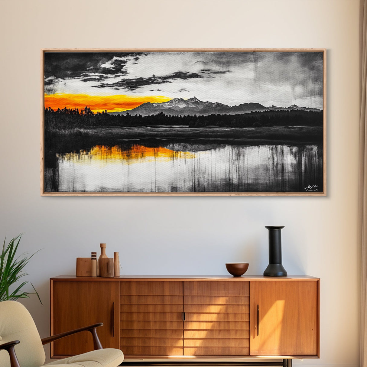 Sunset Reflection, Black and White, Framed Canvas Print, Nature Wall Art, Modern Landscape, Bold Decor, Living Room Art, Autumn Colors