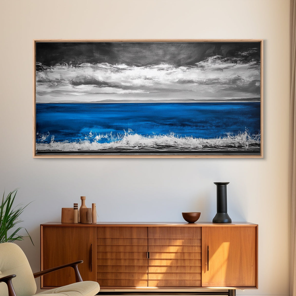 Minimalist Ocean, Black and White, Framed Canvas Print, Coastal Art, Beach House Decor, Nautical Wall Art, Living Room Art, Landscape