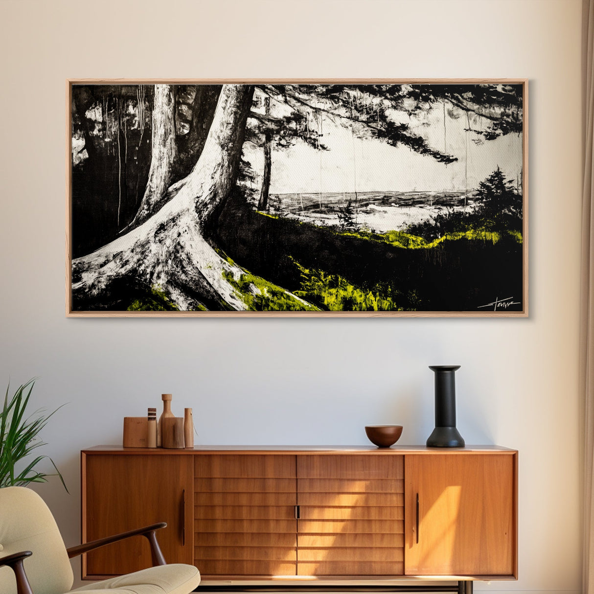 Forest Tree, Ocean View, Coastal Landscape, Canvas Print, Nature Wall Art, Black and White Art, Cabin Wall Decor, Rustic Wall Art