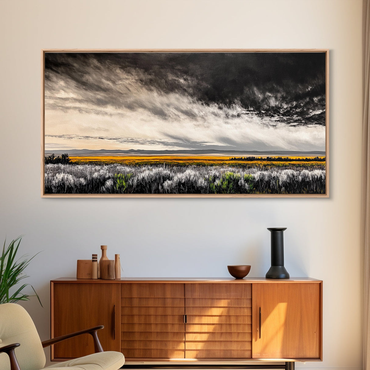 Open Field, Dramatic Sky, Autumn Horizon, Framed Canvas Print, Fall Landscape, Neutral Home Decor, Entryway Art, Rustic Wall Art