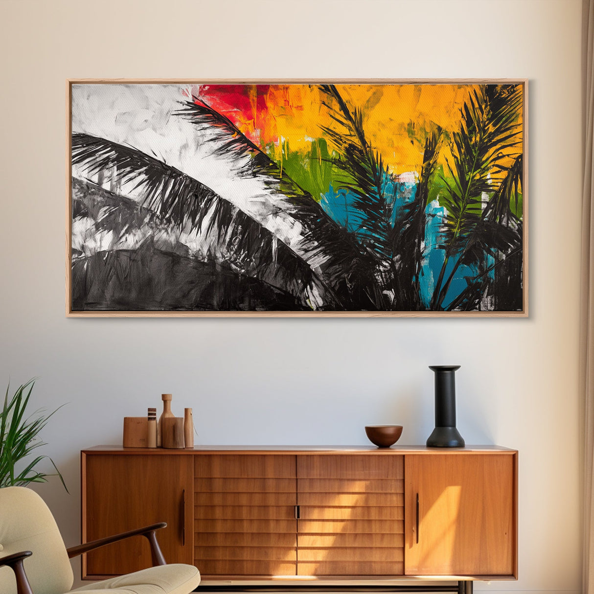 Tropical Palm Leaves, Sunset Art, Beach House Decor, Vibrant Coastal Painting, Island Vibes, Framed Canvas Print, Bedroom Wall Art