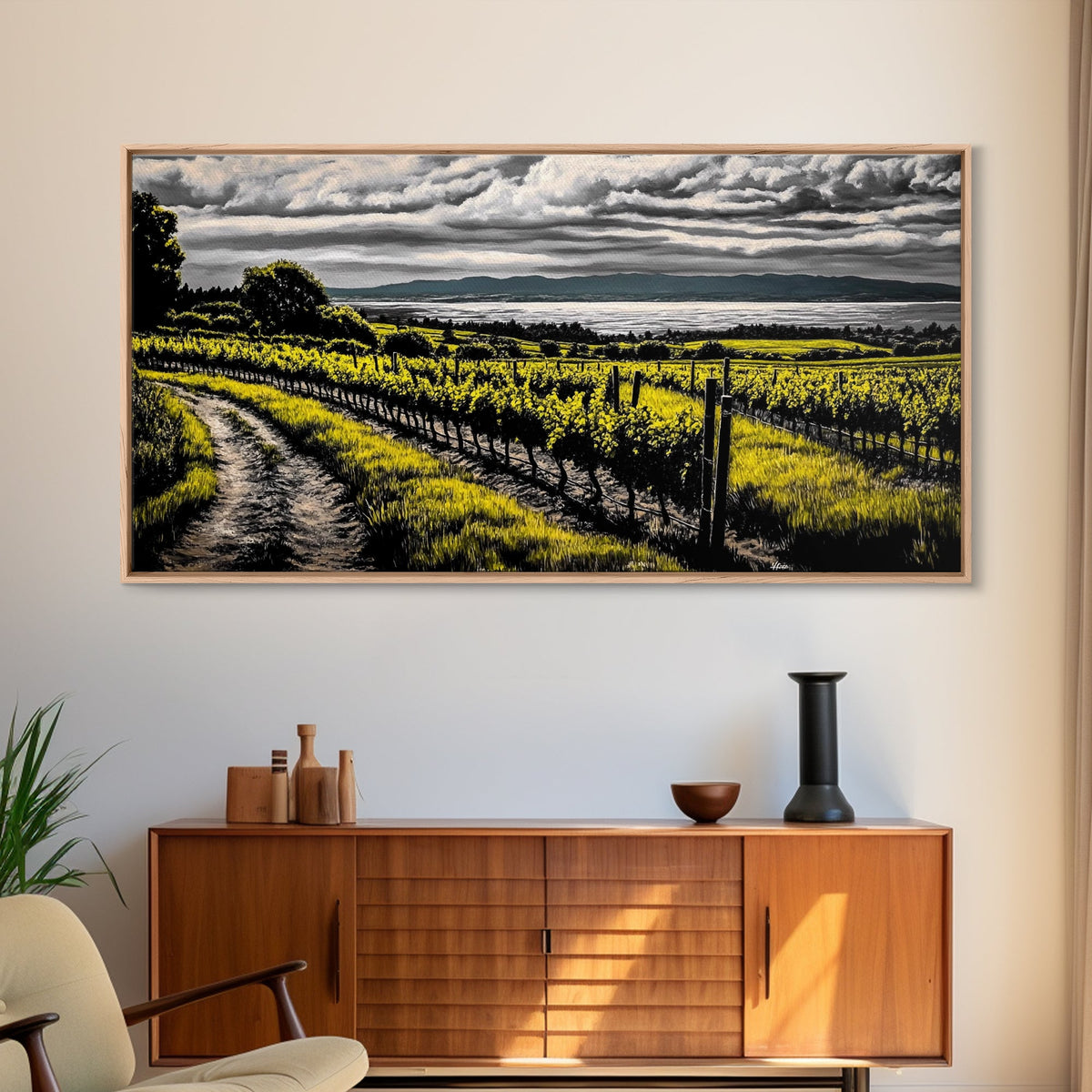 Vineyard View, Rolling Hills, Country Art, Framed Canvas Print, Rustic Landscape, Black White Yellow, Living Room Wall Art, Large Canvas