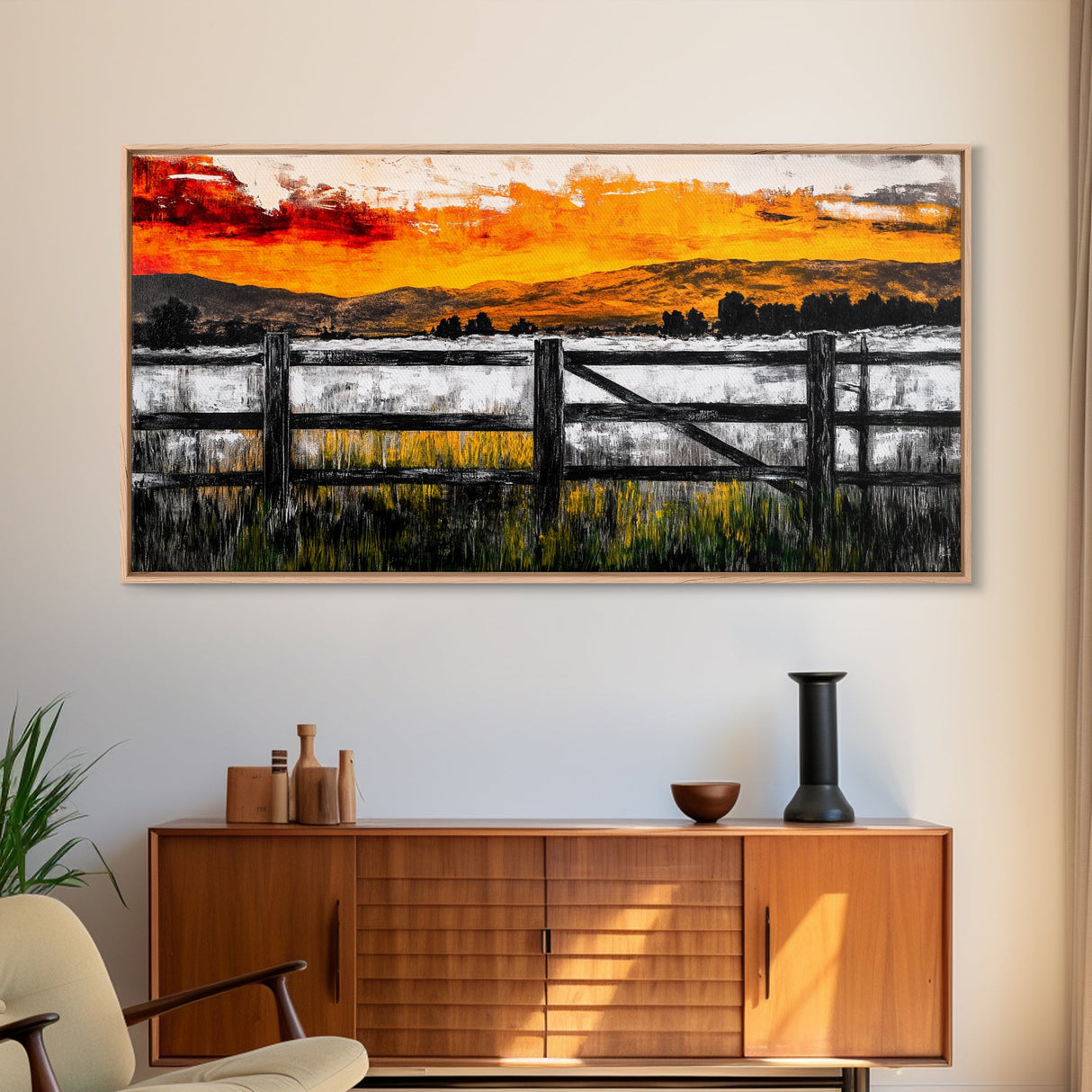 Sunset Fence, Mountain View, Rustic Canvas Print, Large Wall Art, Autumn, Farmhouse Painting, Framed Canvas Print, Moody Home Decor