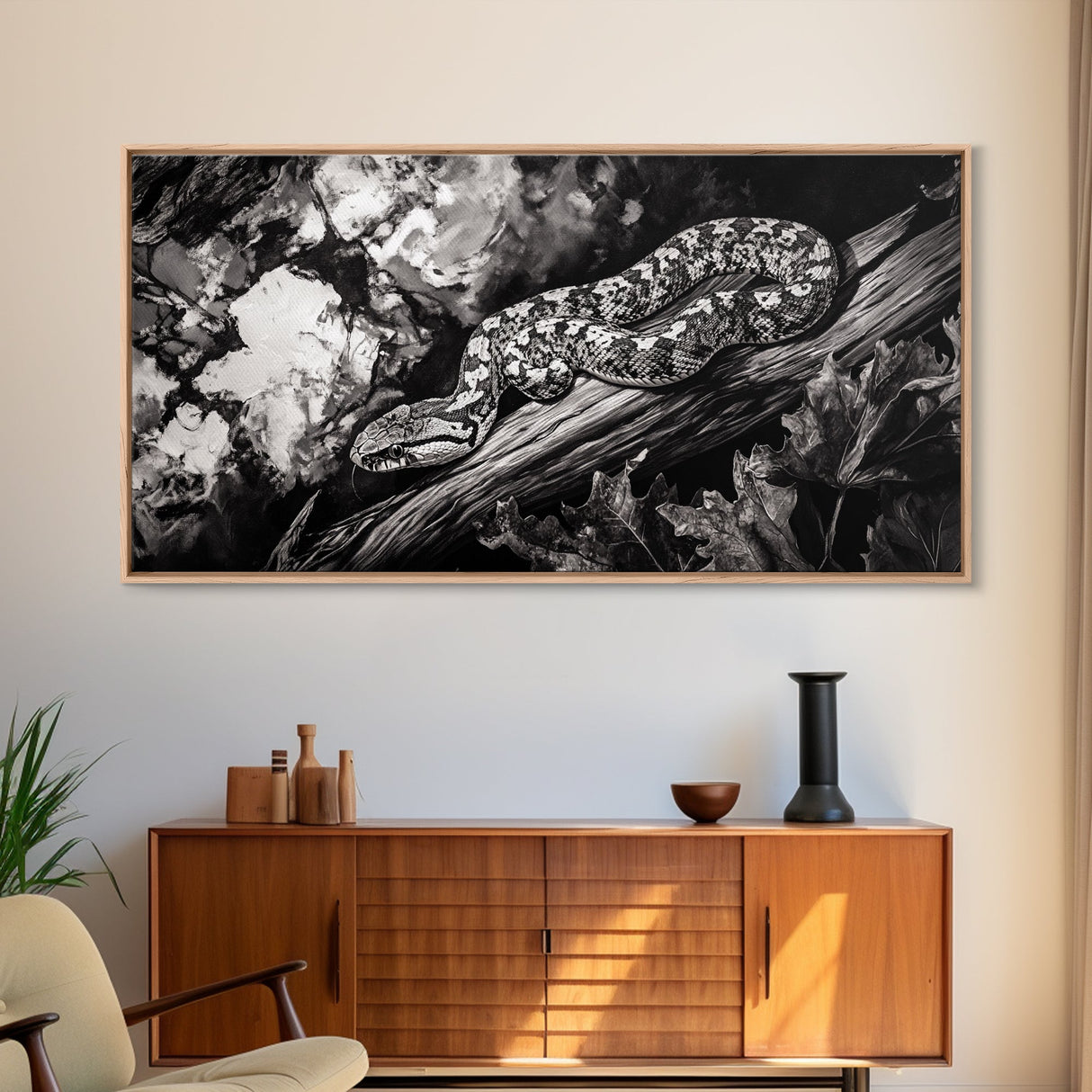 Timber Rattlesnake, Wildlife Artwork, Black and White Nature Art, Rustic Home Decor, Forest Animal Print, Living Room Art, Canvas Print