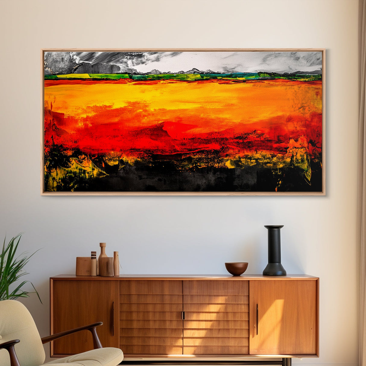 Fiery Horizon, Abstract Landscape, Modern Southwest Art, Bold Colorful Painting, Dramatic Wall Art, Living Room Art, Framed Canvas Print