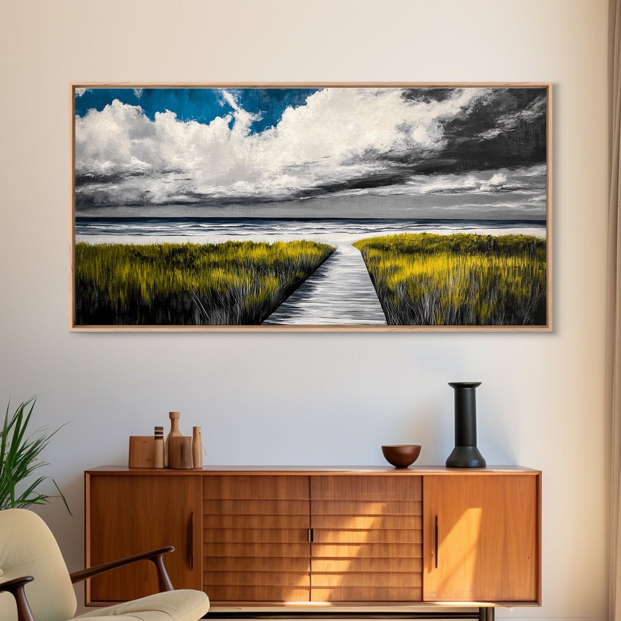 Beach Boardwalk, Coastal Landscape, Black and White Seascape, Nautical Decor, Living Room Artwork, Beach House Scene, Framed Canvas Print