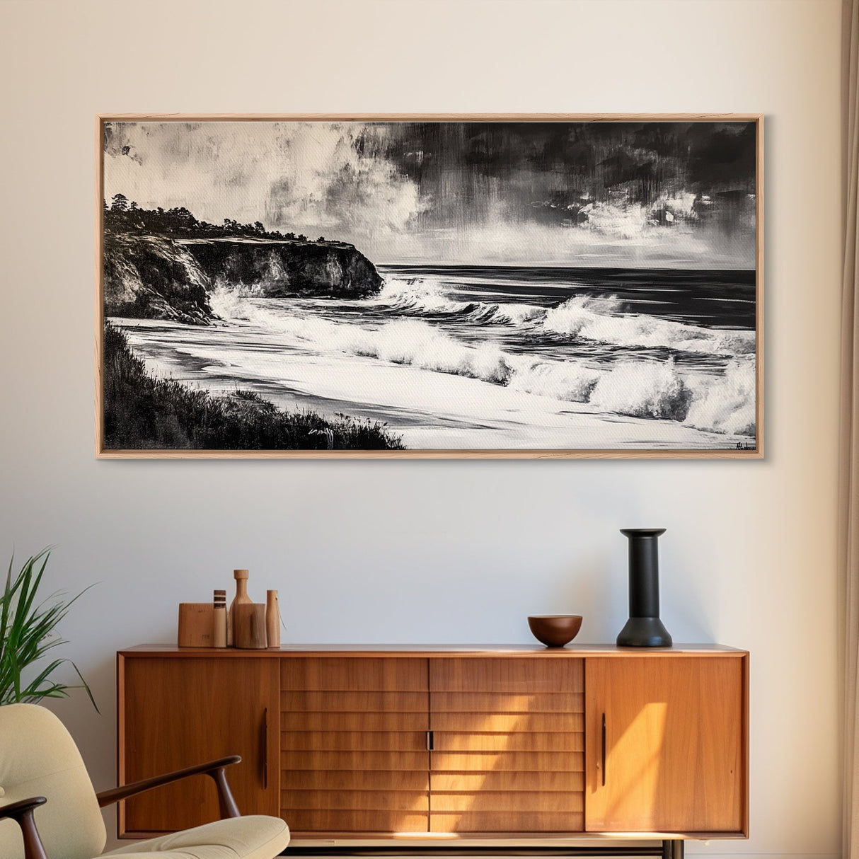Ocean Waves, Coastal Landscape, Black and White, Framed Canvas Print, Nautical Wall Art, Minimalist Art, Living Room Wall Decor