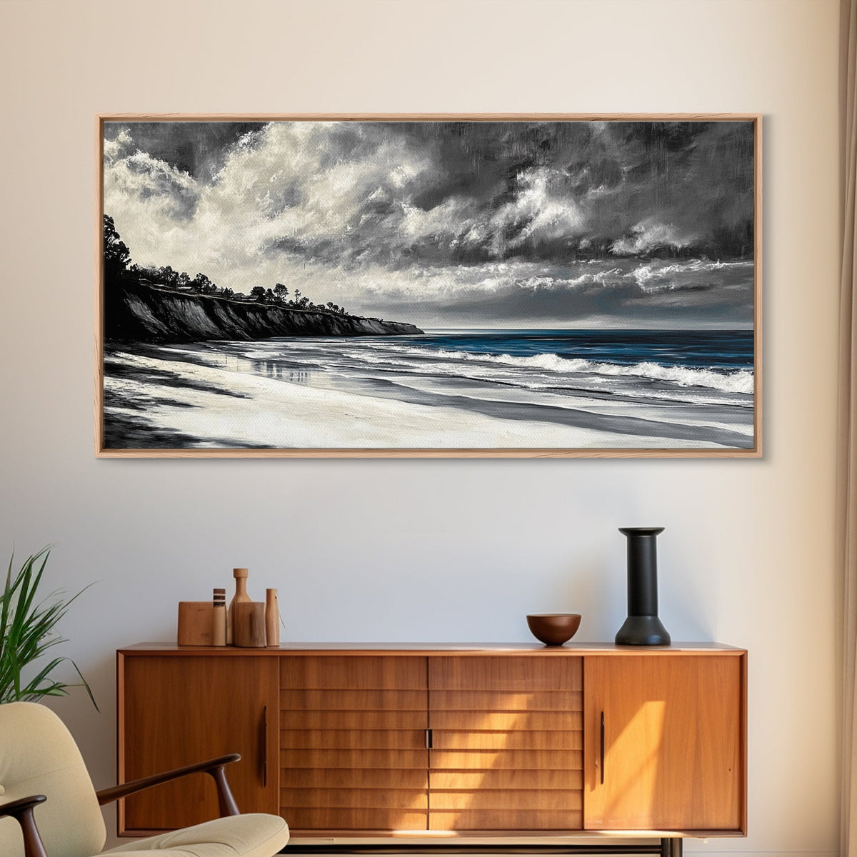 Moody Seascape, Stormy Ocean, Dramatic Sky, Beach Wall Art, Black and White Coastal Decor, Framed Canvas Print, Large Landscape Art