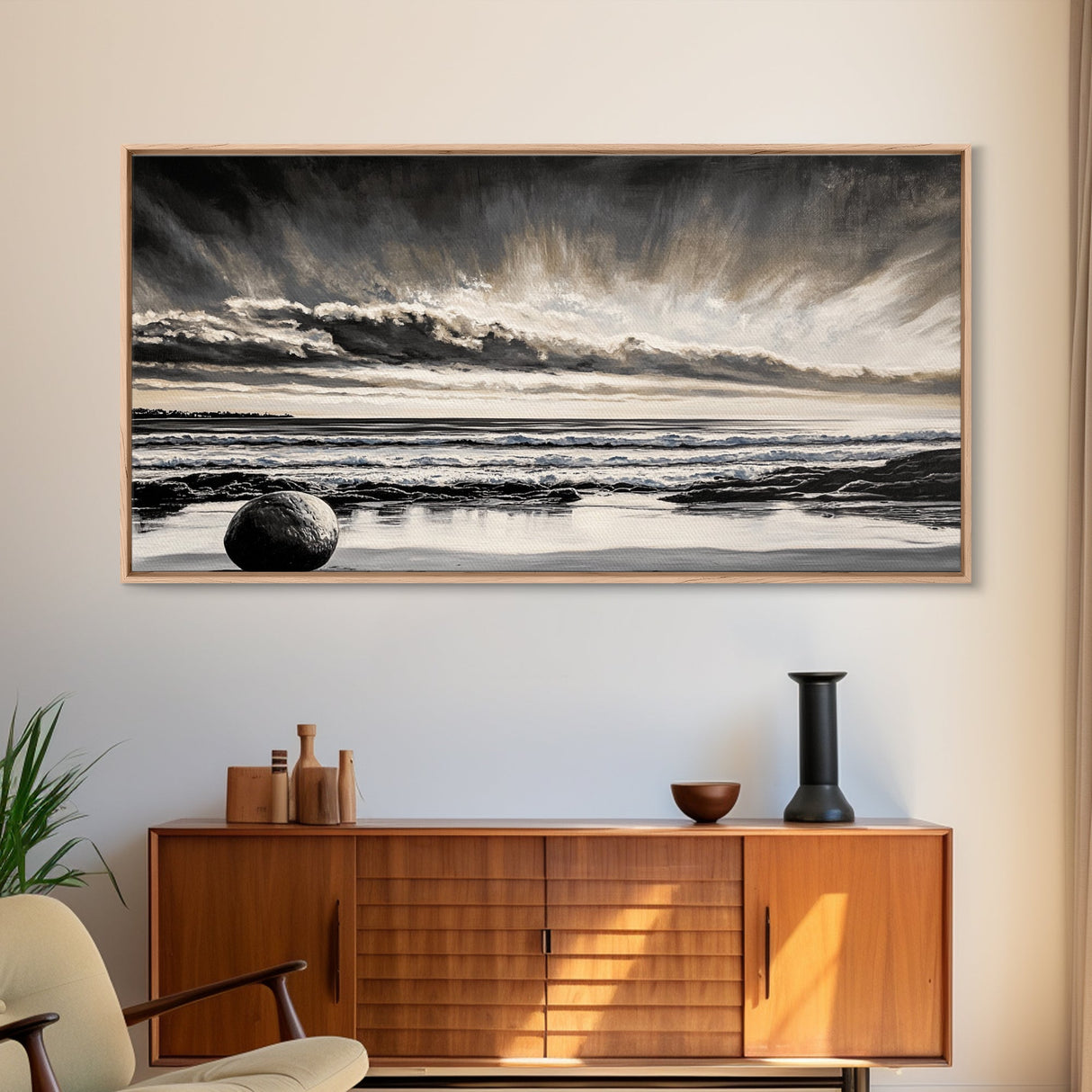 Moody Beach, Black White, Ocean Sunset, Canvas Print, Dramatic Seascape, Coastal Wall Art, Relaxing Home Decor, Living Room Artwork