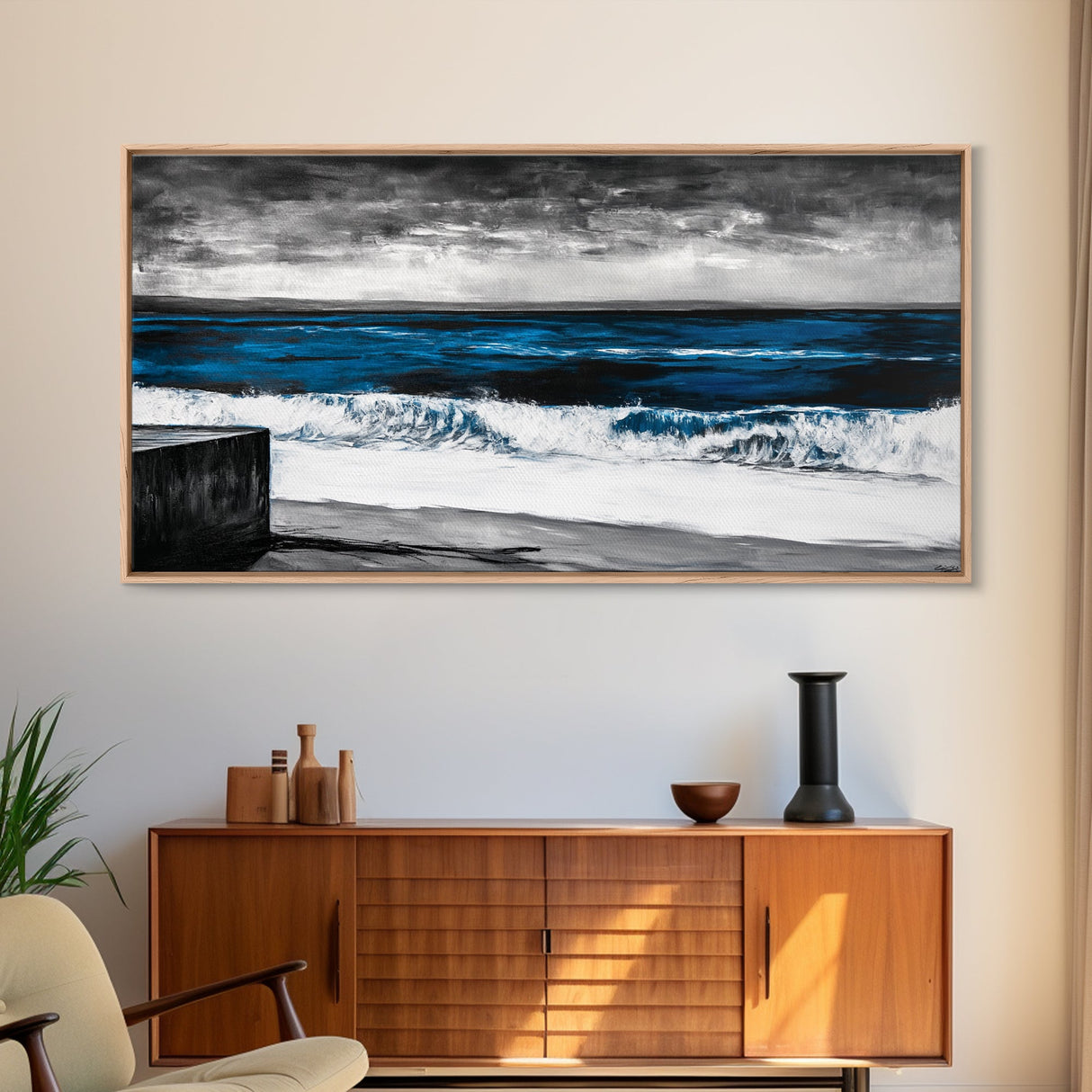 Ocean Waves, Moody, Blue, Coastal, Framed Canvas Print, Seascape Painting, Beach House Decor, Nautical Wall Art, Large Wall Art