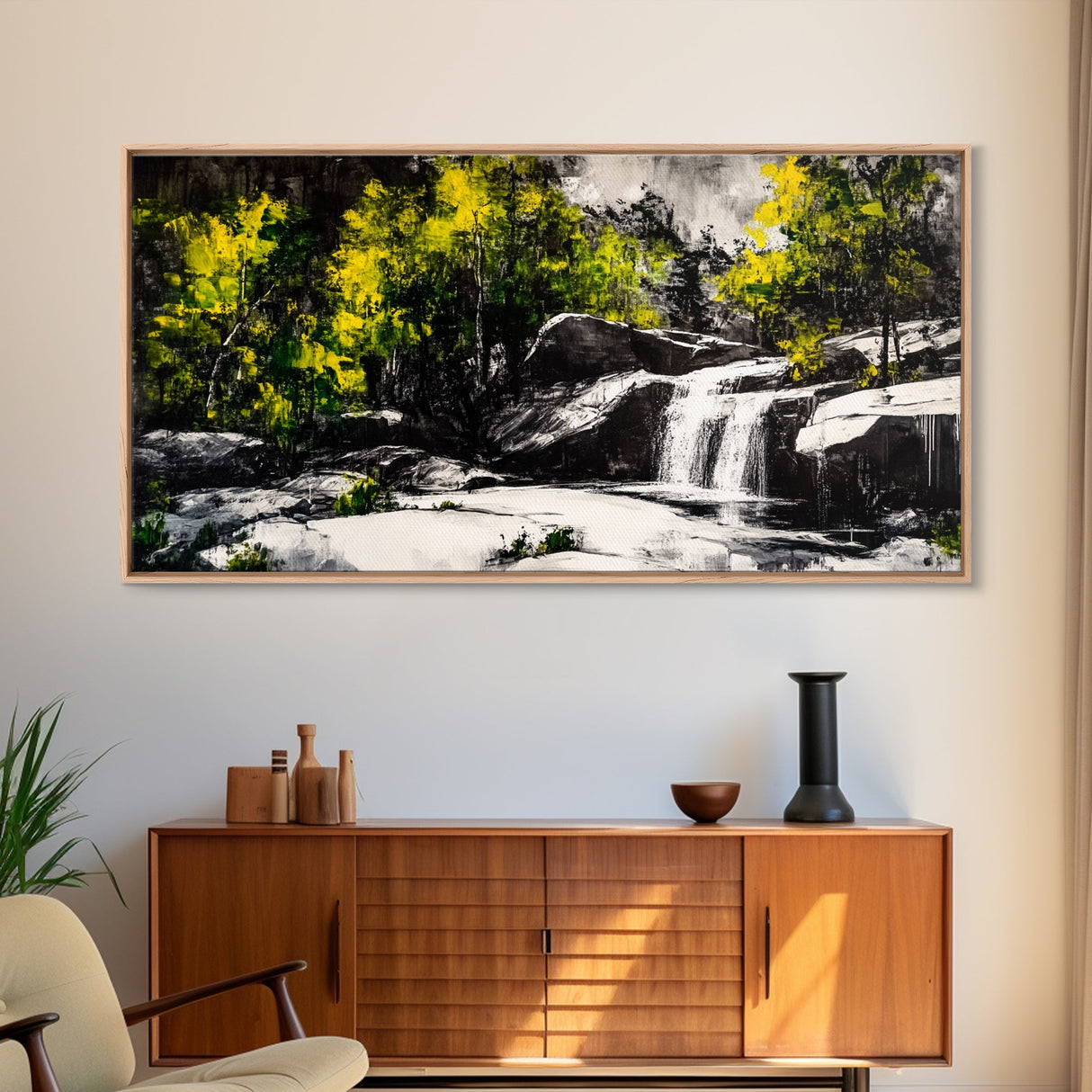Waterfall Scene, Nature Art, Black and White Landscape, Rustic Cabin Decor, Wilderness Painting, Relaxing Wall Art, Canvas Print