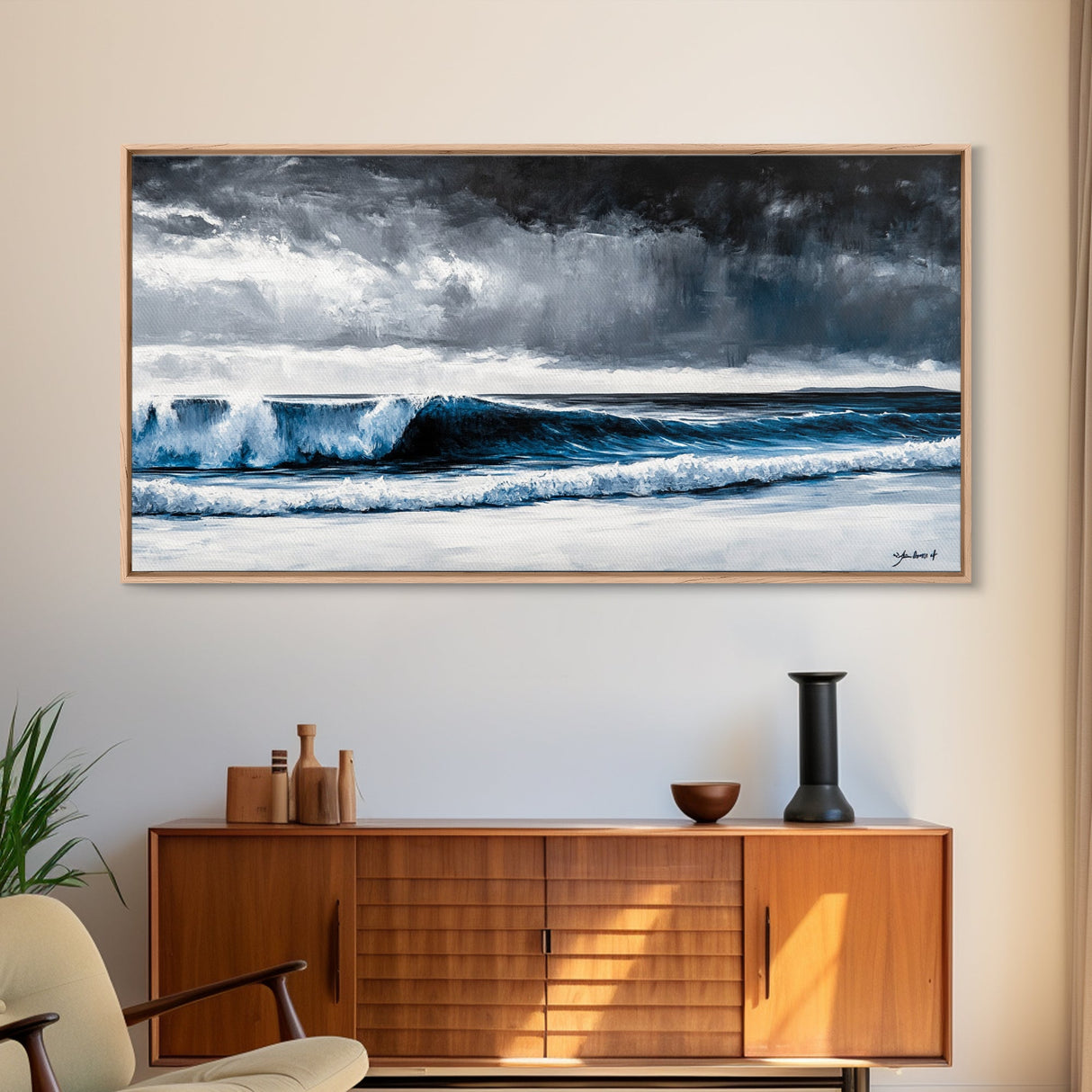 Stormy Ocean, Dramatic Seascape, Blue Waves, Coastal Decor, Moody Beach Art, Modern Wall Decor, Large Statement, Framed Canvas Print