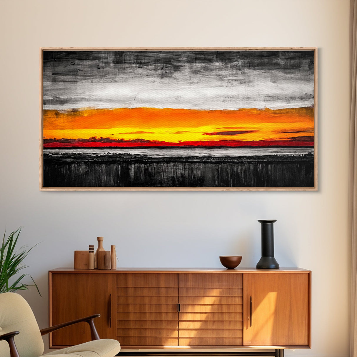 Fiery Sunset, Dramatic Sky, Abstract Landscape, Bold Colors, Modern Expressionism, Vibrant Wall Decor, Warm Tones, Framed Canvas Print