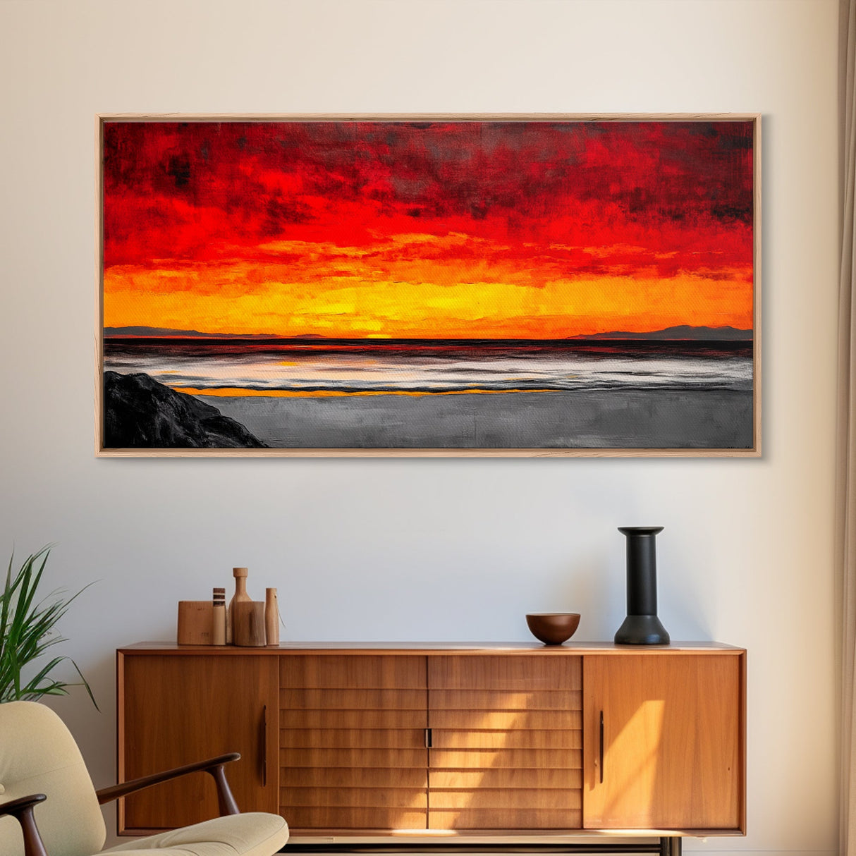 Red Sunset, Ocean Shore, Dramatic Sky, Bold Expressionist Art, Vibrant Landscape, Beach House Decor, Living Room, Canvas Print