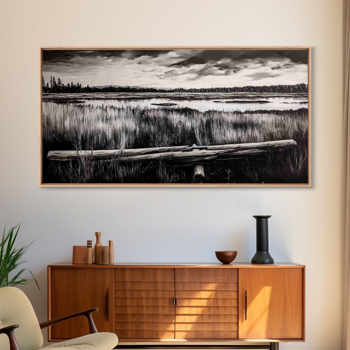 Marshland, Serene, Nature, Black and White, Framed Canvas Print, Landscape Painting, Rustic Wall Art, Cabin Decor, Neutral Tone Art