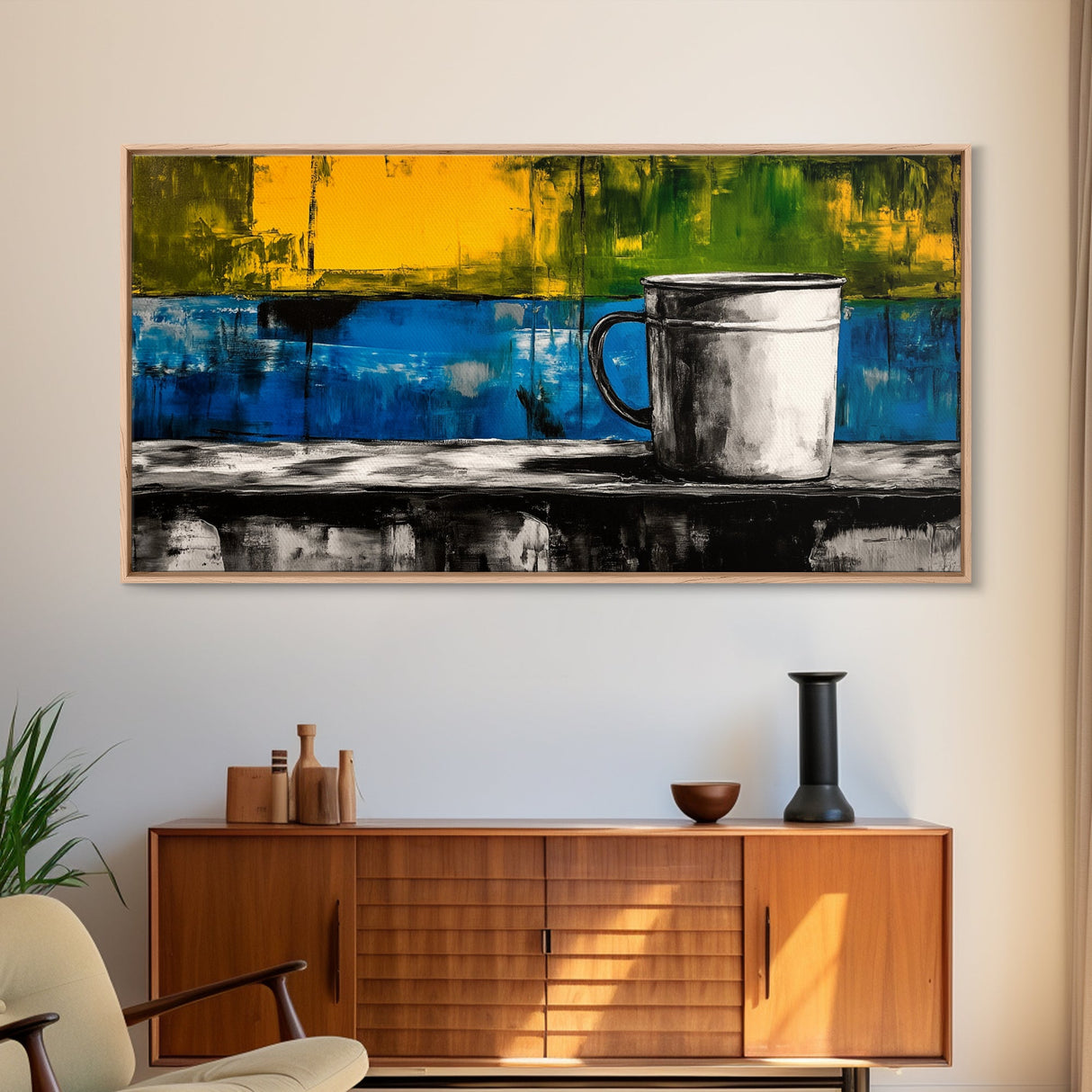 Abstract Mug Art, Colorful Kitchen Decor, Coffee Lover Gift, Modern Wall Art, Framed Canvas Print, Vibrant Home Accent