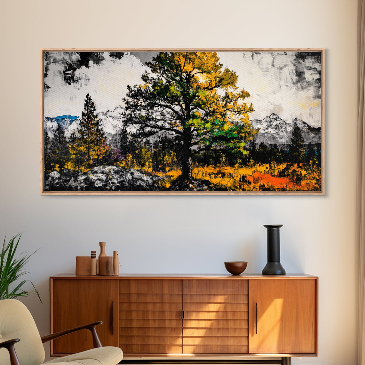 Autumn Tree Art, Mountain Landscape Painting, Fall Wall Decor, Nature Lover Gift, Framed Canvas Print, Rustic Cabin Home Accent
