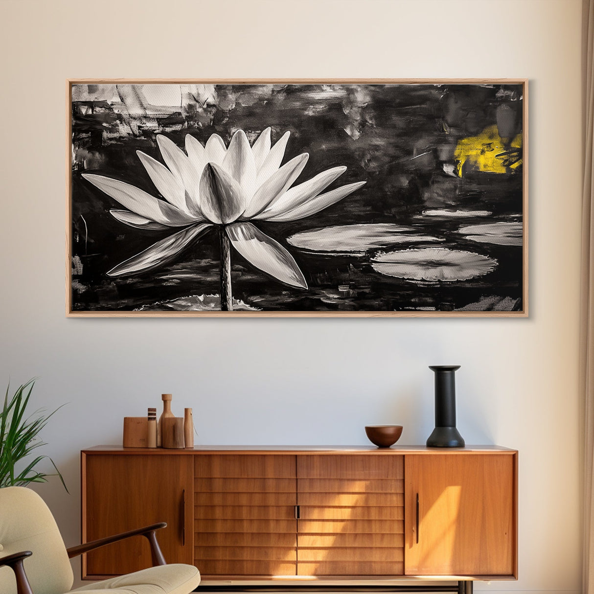 Lotus Flower, Black and White Botanical Art, Zen Wall Decor, Nature Painting, Minimalist Canvas Print, Bedroom Meditation Art