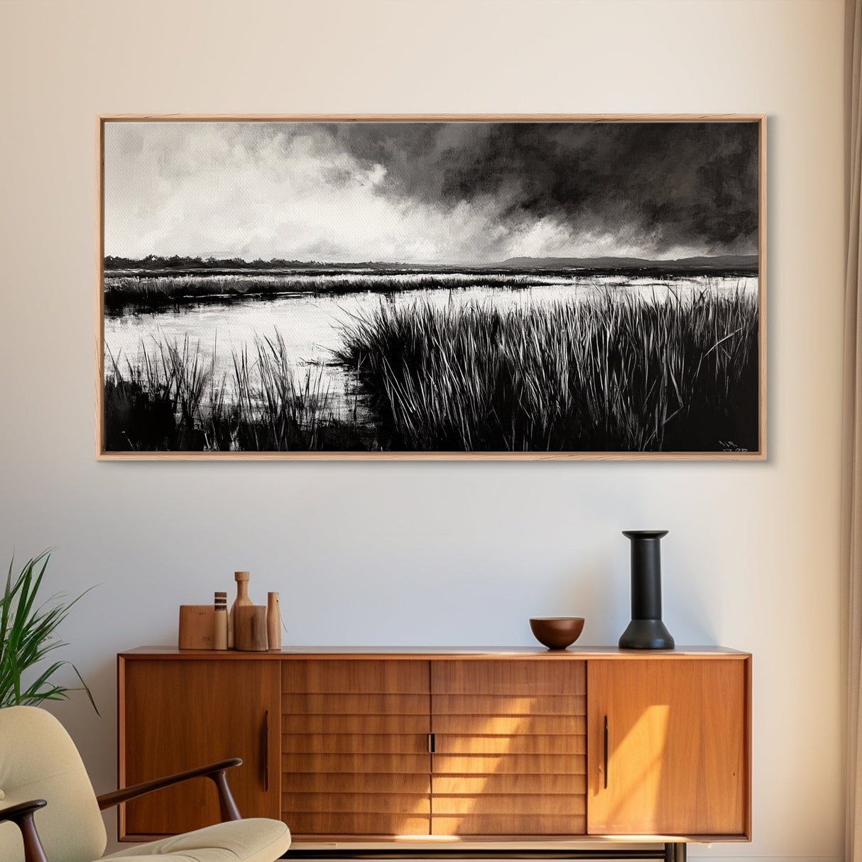 Marshland Landscape, Moody Black and White Art, Nature Wall Decor, Large Framed Canvas Print, Serene Wetlands Painting